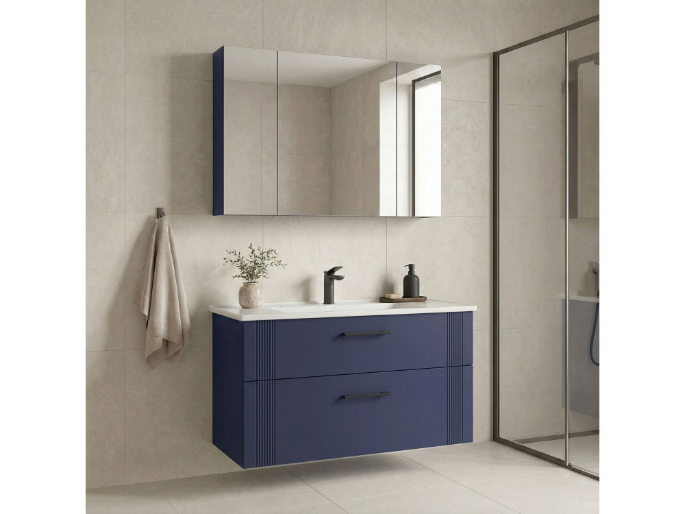 Set mobile lavabo con specchio (2 pezzi) "Bari 100 v2" - 100 x 45 x 55 cm - Blu navy opaco