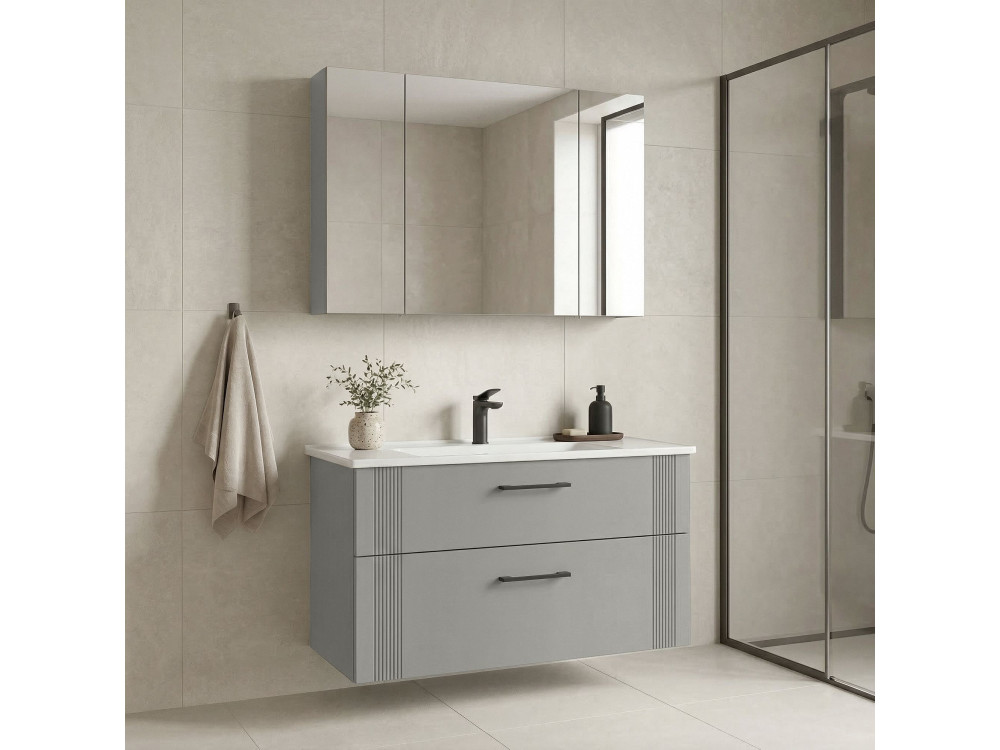 Set mobile lavabo con specchio (2 pezzi) "Bari 100 v2" - 100 x 45 x 55 cm - Cashmere opaco