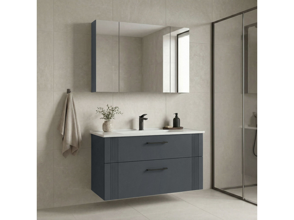 Set mobile lavabo con specchio (2 pezzi) "Bari 100 v2" - 100 x 45 x 55 cm - Antracite opaco