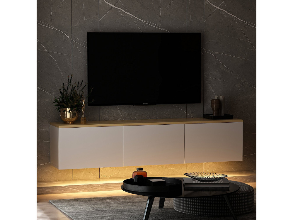 Mobile TV a parete in legno con illuminazione LED "Neon" - 160 x 32 x 35 cm - Bianco