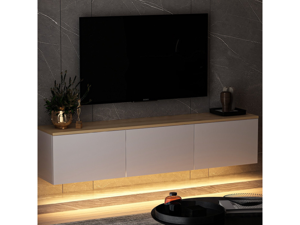 Mobile TV a parete in legno con illuminazione LED "Neon" - 160 x 32 x 35 cm - Bianco