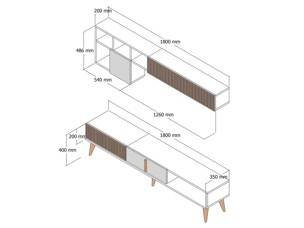 Porta TV in legno "Milan" - 180 x 35 x 40 cm - Noce, Travertino