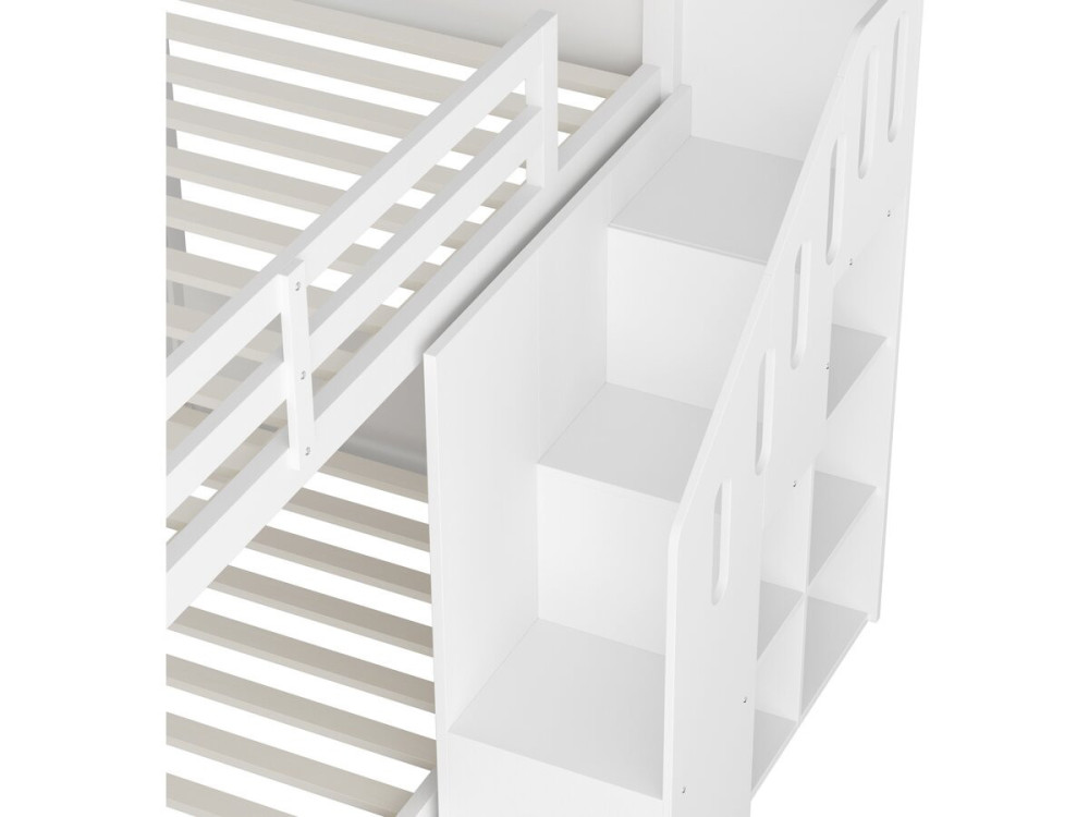 Letto a castello in legno con scaletta e contenitori "Léana" - 90 x 190 cm - Bianco