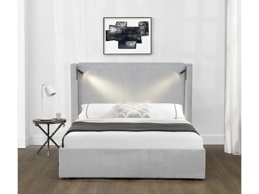 Letto matrimoniale in velluto a coste con cassettiera integrata e lampada "Cortina" - 160 x 200 cm - Grigio