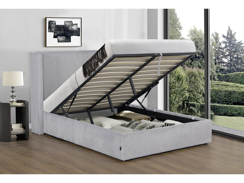 Letto matrimoniale in velluto a coste con cassettiera integrata e lampada "Cortina" - 160 x 200 cm - Grigio