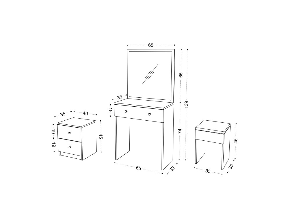Set da toilette in legno "Nice" - 65 x 35 x 139 cm - Bianco