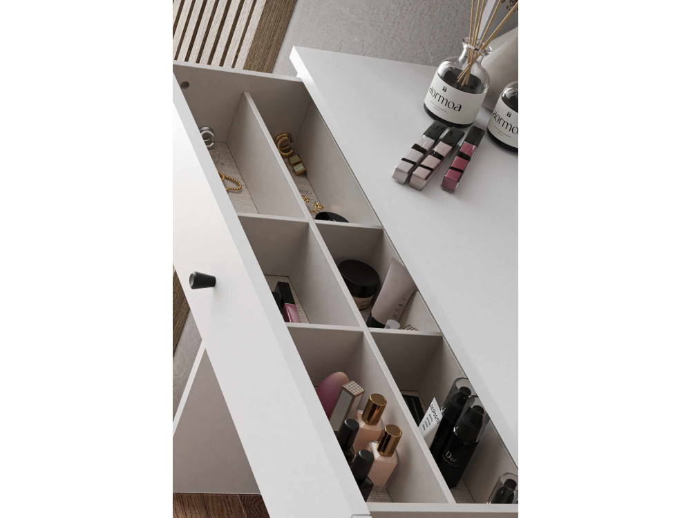 Comodino "Harmony Round" con specchio rotondo in legno - 124 x 40 x 135 cm - Bianco