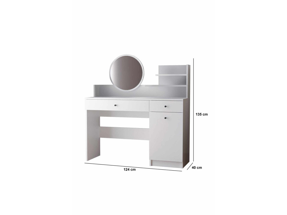 Comodino "Harmony Round" con specchio rotondo in legno - 124 x 40 x 135 cm - Bianco