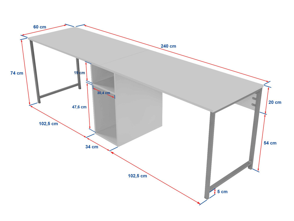 Scrivania in legno "Twin Study Desk" - 240 x 60 x 74 cm - Bianco oro
