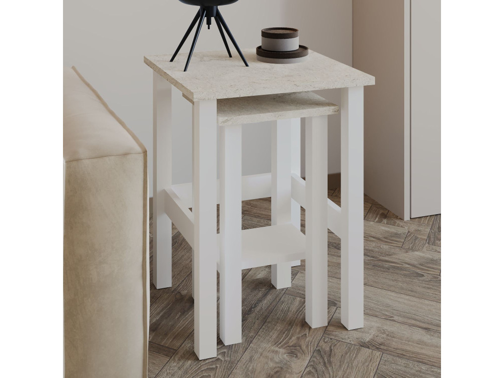 Set di 2 tavolini "Gina 2" in legno - 45 x 45 x 60 cm - Bianco