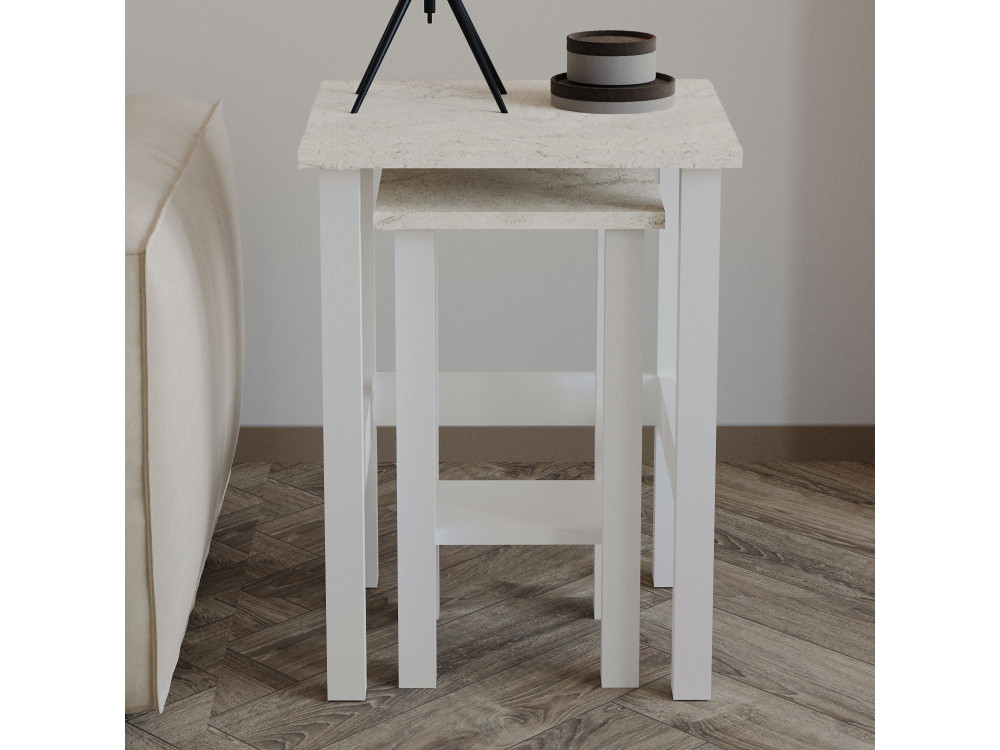 Set di 2 tavolini "Gina 2" in legno - 45 x 45 x 60 cm - Bianco