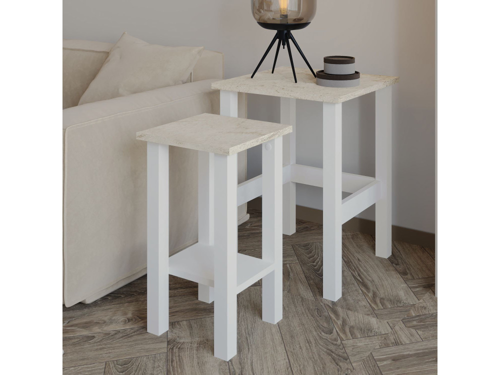 Set di 2 tavolini "Gina 2" in legno - 45 x 45 x 60 cm - Bianco