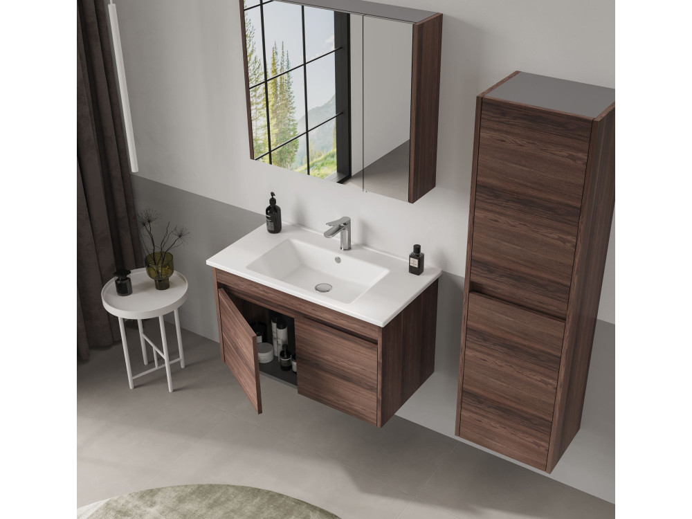 Mobile da bagno con specchio "Side 80" - 79 x 16 x 66 cm - Noce scuro