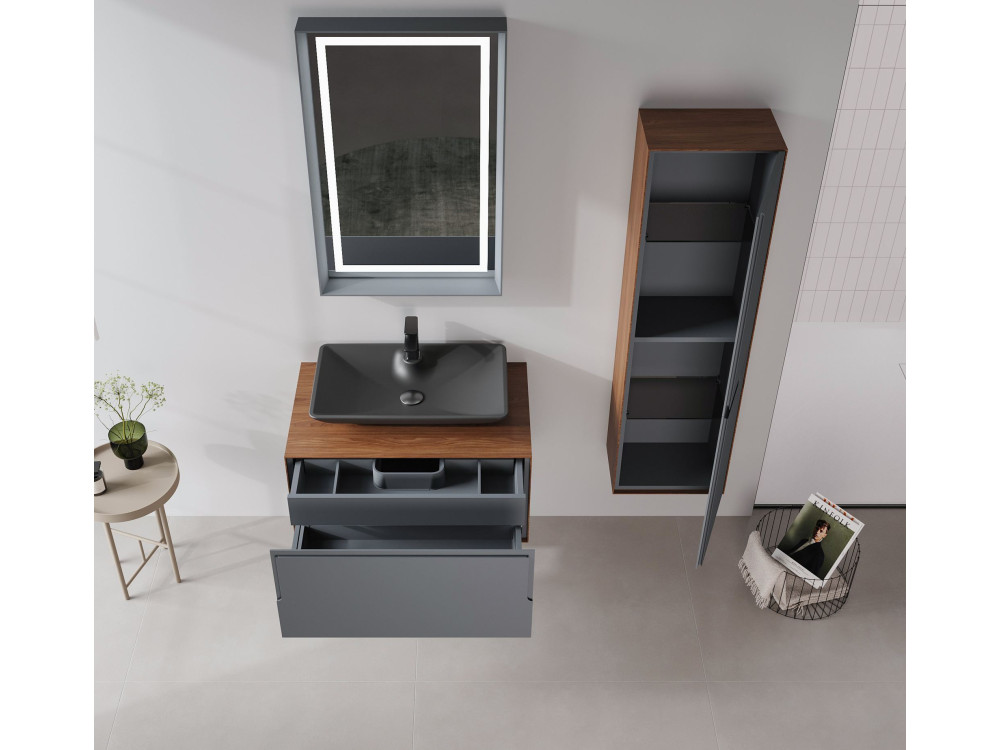 Set mobile lavabo con specchio (2 pezzi) "Craft 80" - 60 x 50 x 40 cm - Noce / Antracite