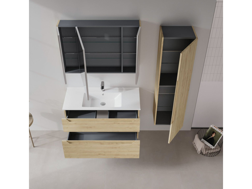 Set mobile lavabo con specchio (2 pezzi) "Messina 100 v2" - 100 x 45 x 55 cm - Rovere
