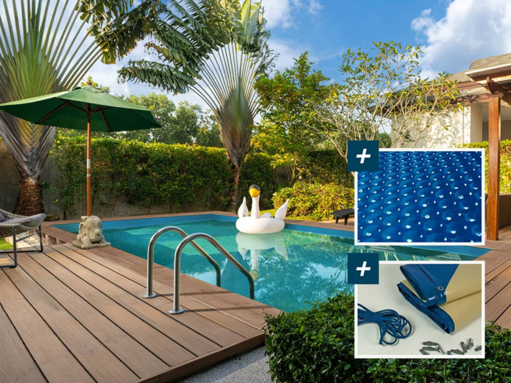 Piscina rettangolare in legno "Panama" - 6,20 x 4,10 x 1,45 m + Copertura a bolle 180 µ - Copertura invernale 280 g/m² +