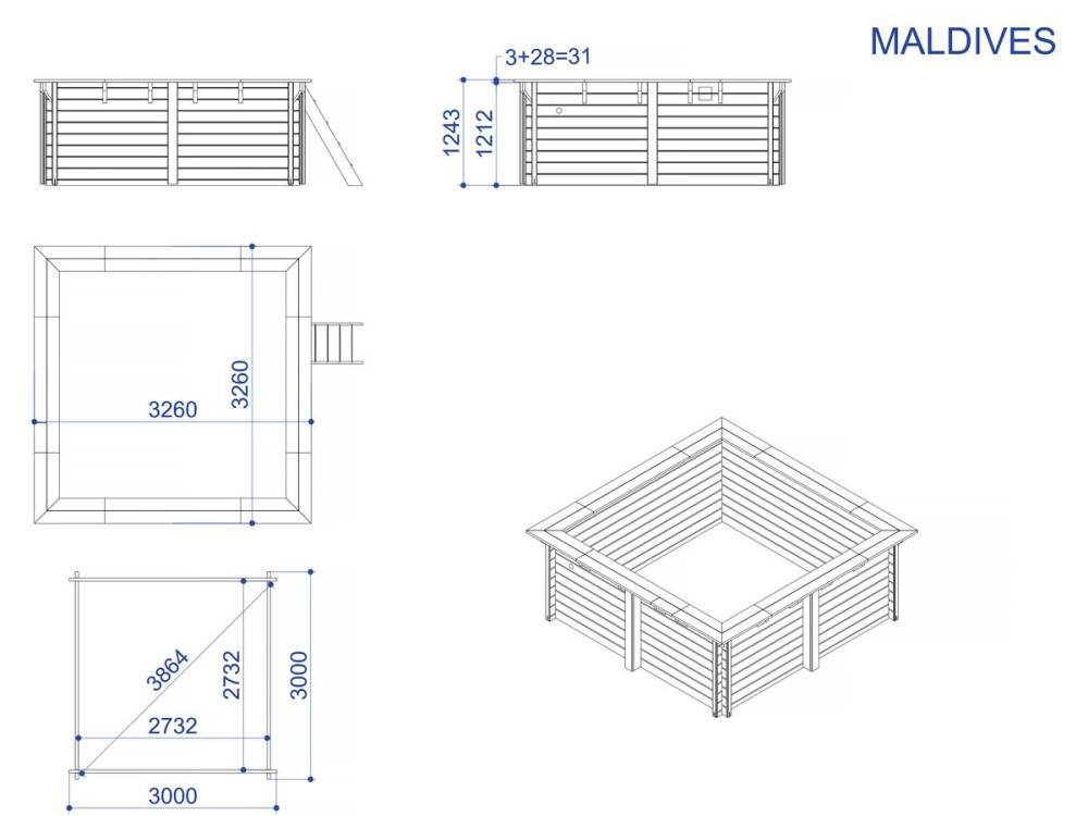 Piscina rettangolare in legno "Maldive" - ??3,20 x 3,20 x 1,24 m