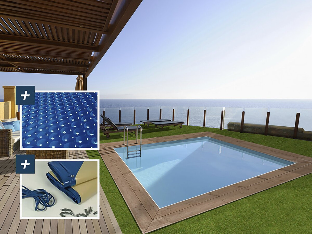 Piscina rettangolare in legno "Zanzibar" - 3,50 x 2,30 x 1,24 m - Copertura a bolle d'aria 180 µ - Copertura invernale 280 g/m²