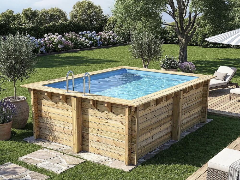 Piscina rettangolare in legno "Zanzibar" - 3,50 x 2,30 x 1,24 m - Copertura a bolle d'aria 180 µ - Copertura invernale 280 g/m²