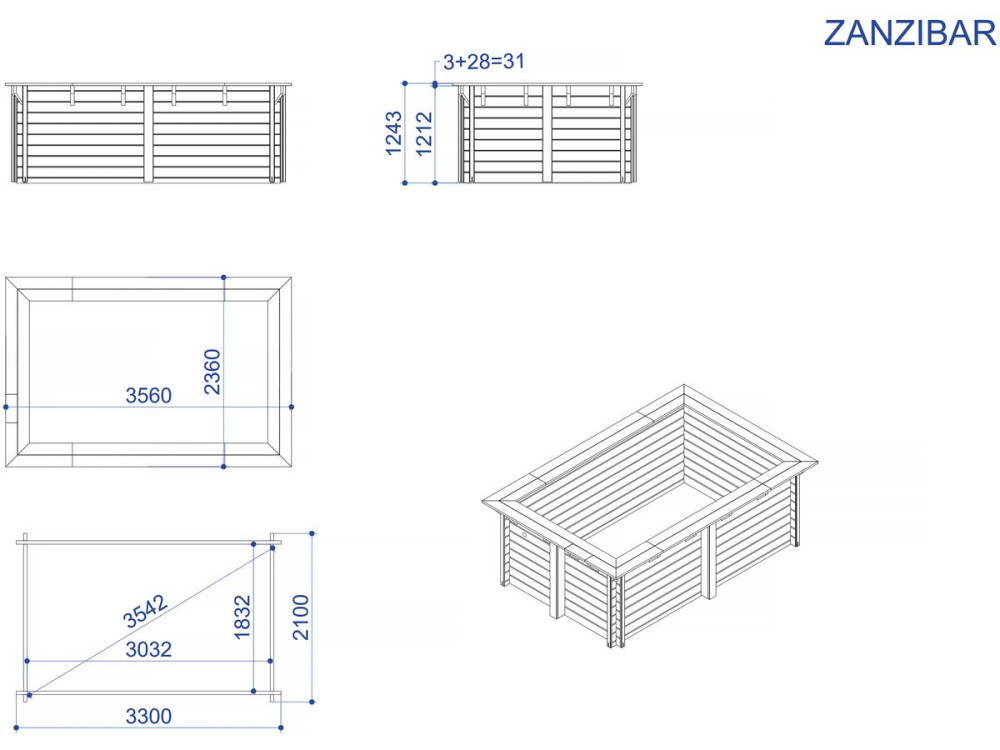 Piscina rettangolare in legno "Zanzibar" - 3,50 x 2,30 x 1,24 m - Copertura a bolle d'aria 180 µ - Copertura invernale 280 g/m²
