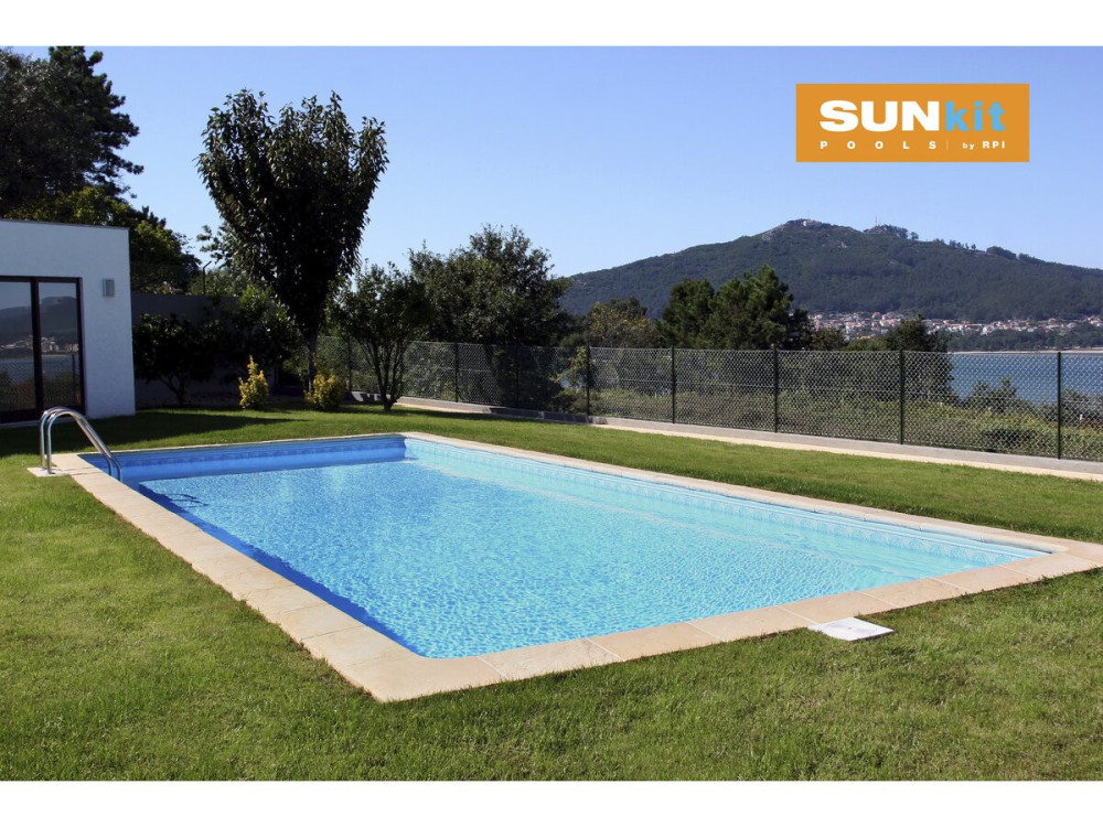 Piscina interrata "Sunkit" rettangolare a fondo piatto in acciaio - 8,00 x 4,00 x 1,40 m + faretto LED 12 V