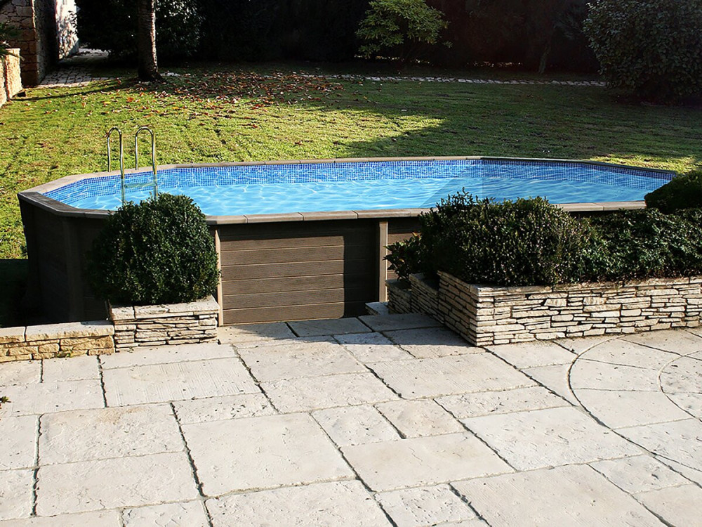 Kit piscina Naturalis 2" decagonale allungata in cemento effetto legno - 6,36 x 4,74 x 1,40 m