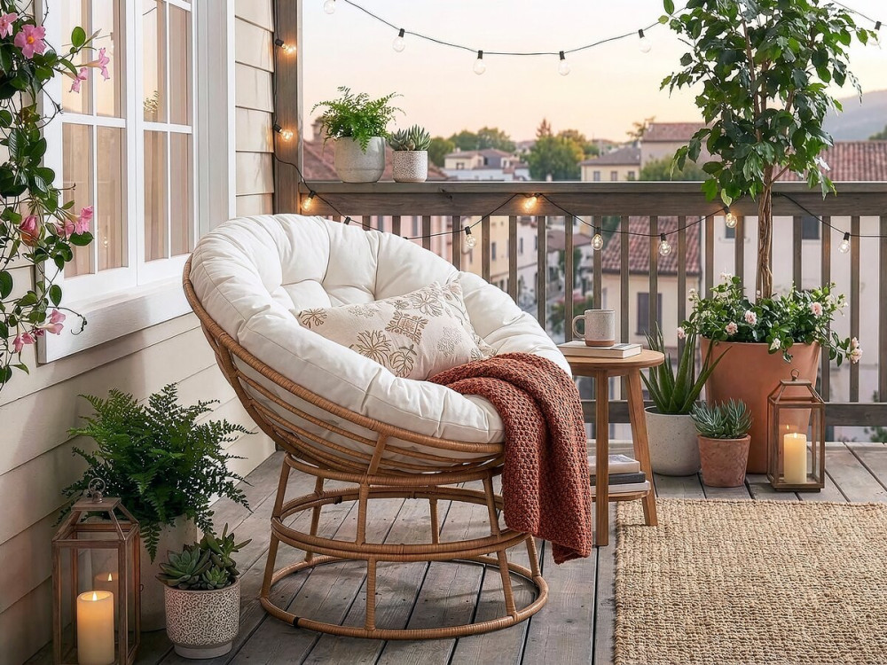 Poltrona Papasan da interno/esterno stile loveuse "Bali" - Ø91cm - Beige