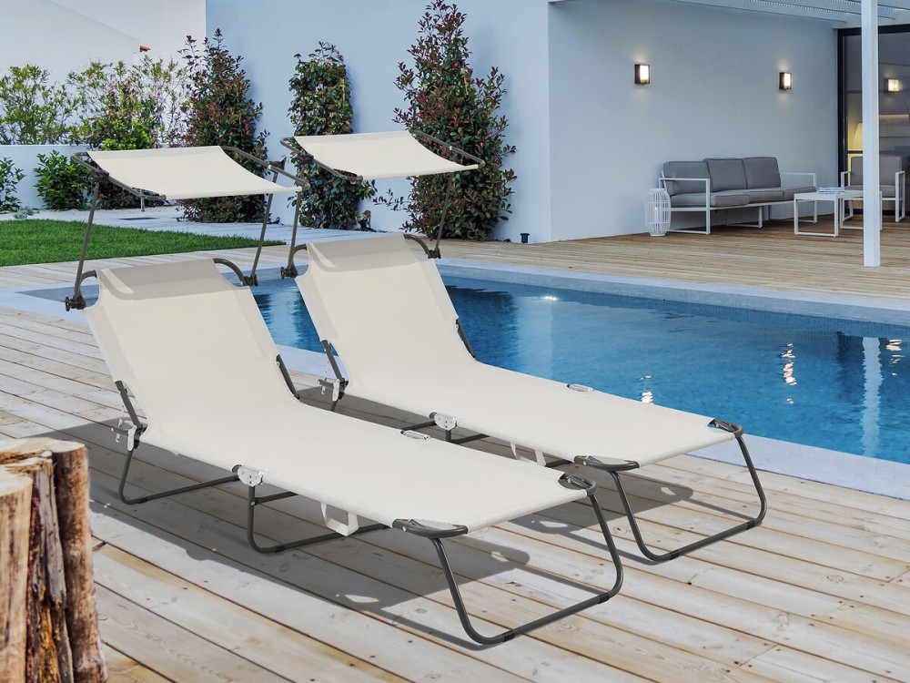 Set di 2 lettini prendisole pieghevoli "Lazy" - Con parasole - Beige