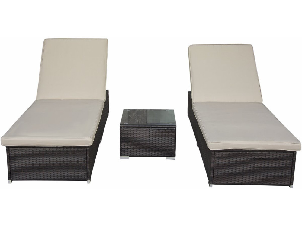 Set di 2 lettini in resina intrecciata "Alice" con cuscini e tavolino - Marrone