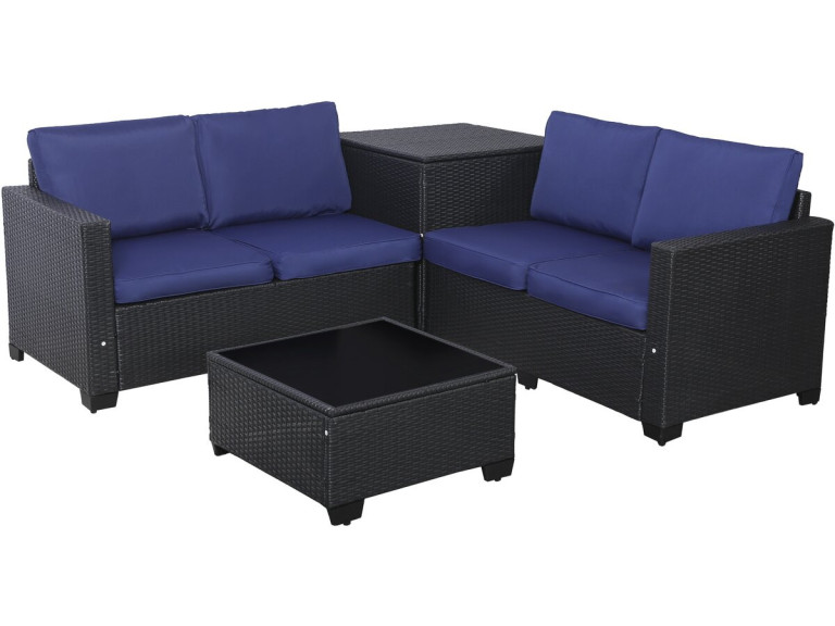 Set di mobili da giardino in resina intrecciata "Riley" con contenitore - 4 posti - Blu scuro