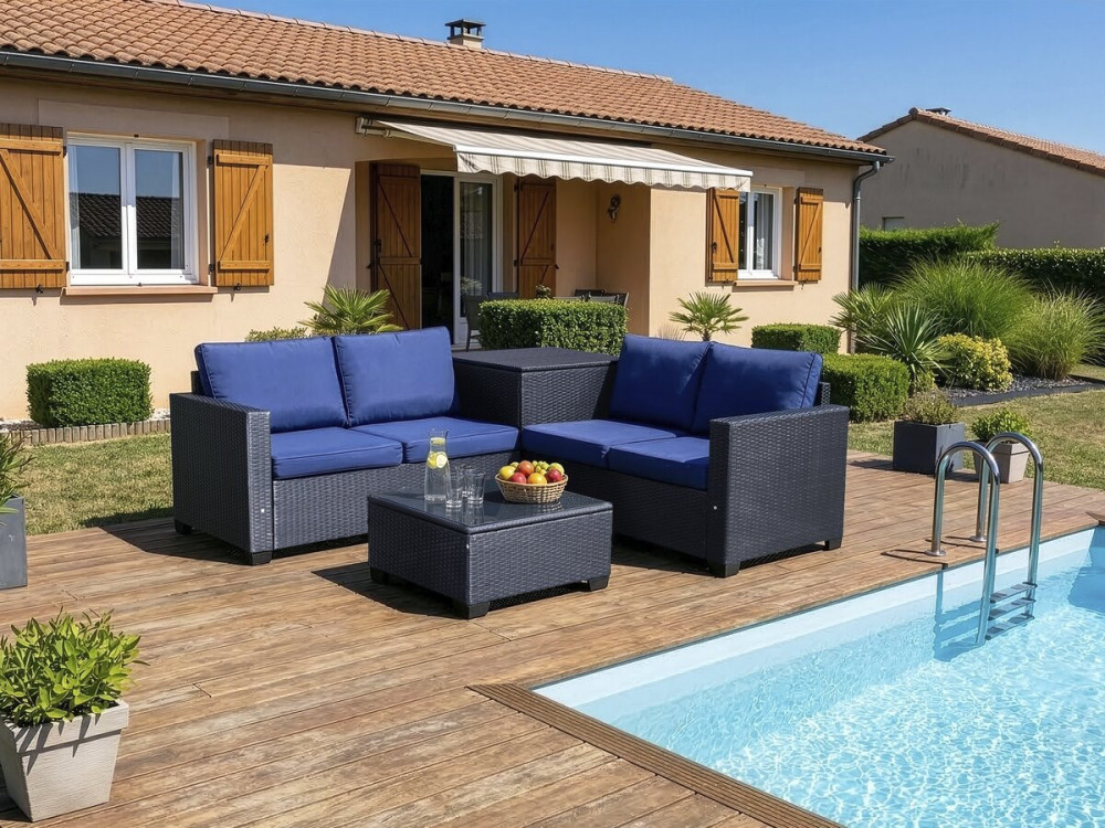 Set di mobili da giardino in resina intrecciata "Riley" con contenitore - 4 posti - Blu scuro