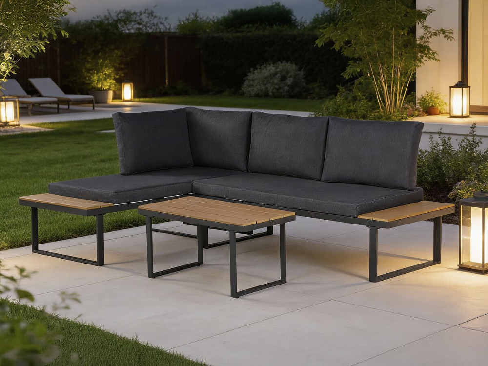 Set di mobili da giardino, divano angolare in finto legno "Liora" - 4 posti - Grigio