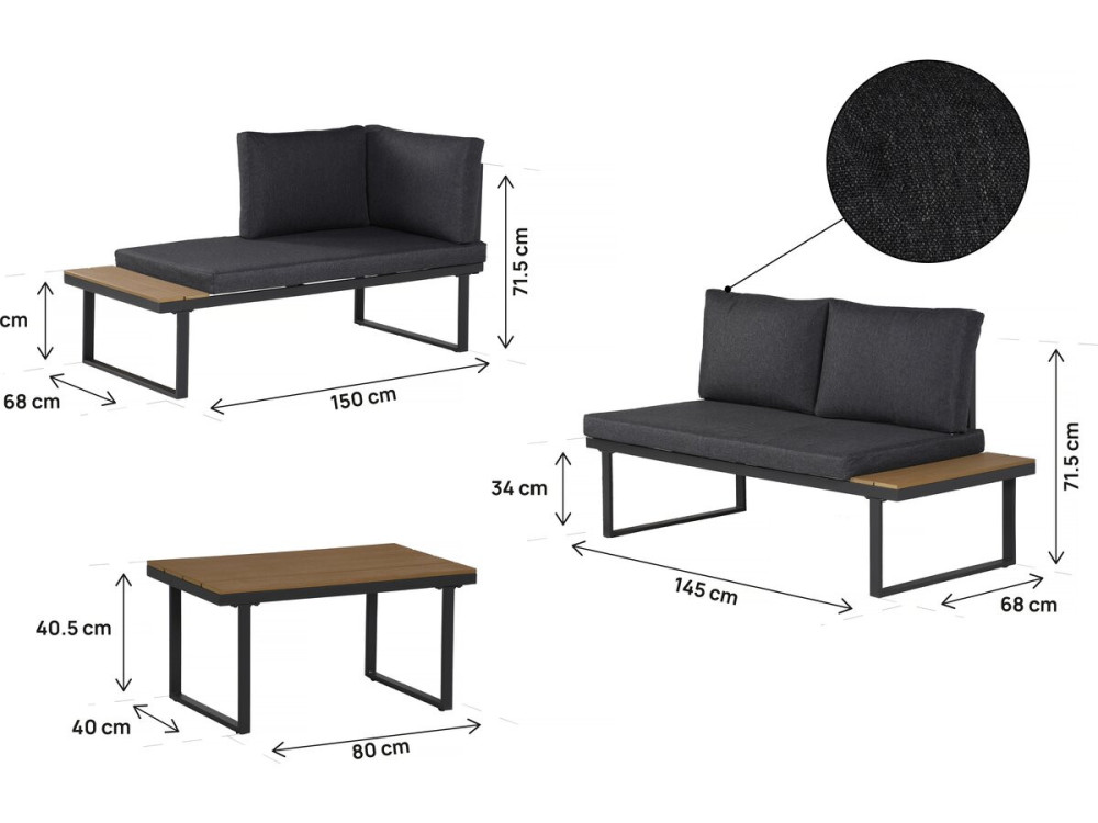 Set di mobili da giardino, divano angolare in finto legno "Liora" - 4 posti - Grigio