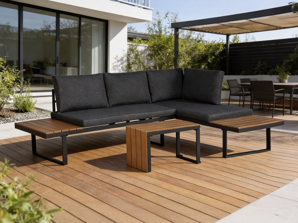 Set di mobili da giardino "Sylva" divano angolare modulare, finitura in finto legno - 4 posti - Grigio