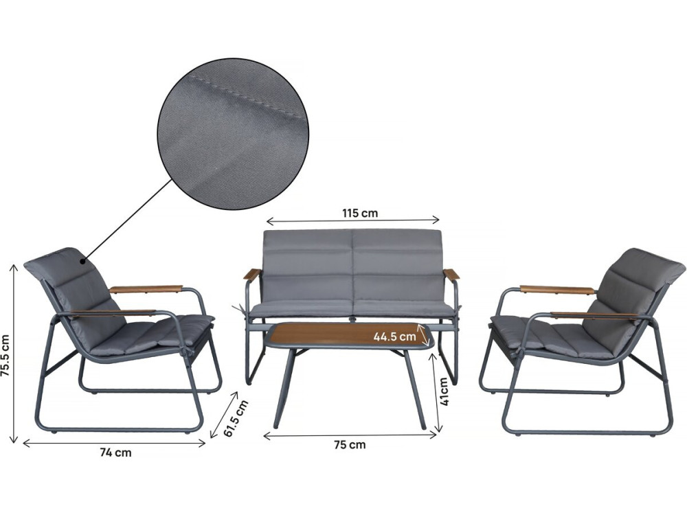 Set di mobili da giardino "Bastia" con cuscini in metallo - 4 posti - Grigio