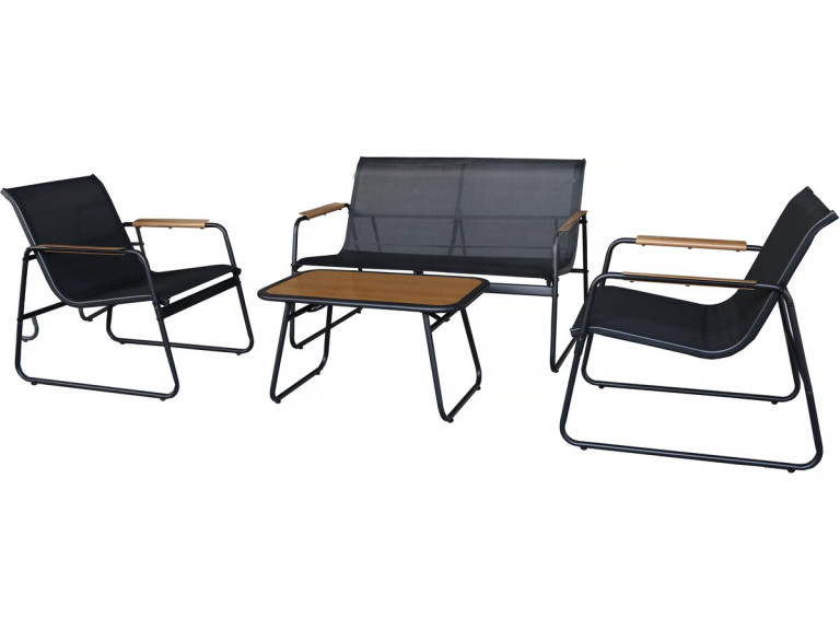 Set di mobili da giardino in metallo "Sparta" con decori in finto legno - 4 posti - Nero