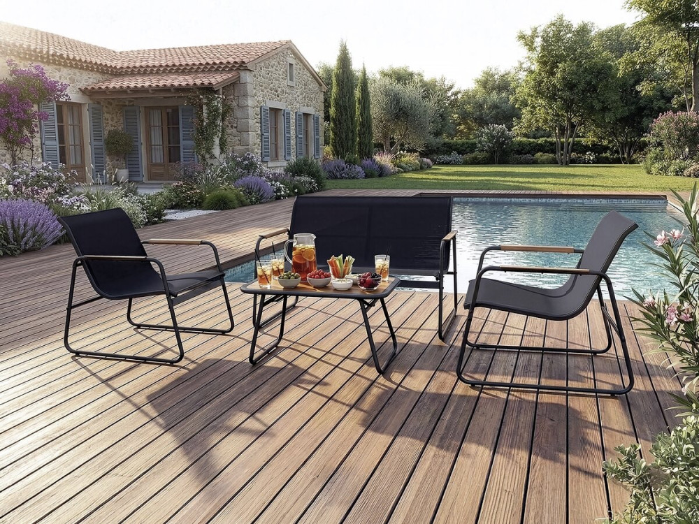 Set di mobili da giardino in metallo "Sparta" con decori in finto legno - 4 posti - Nero