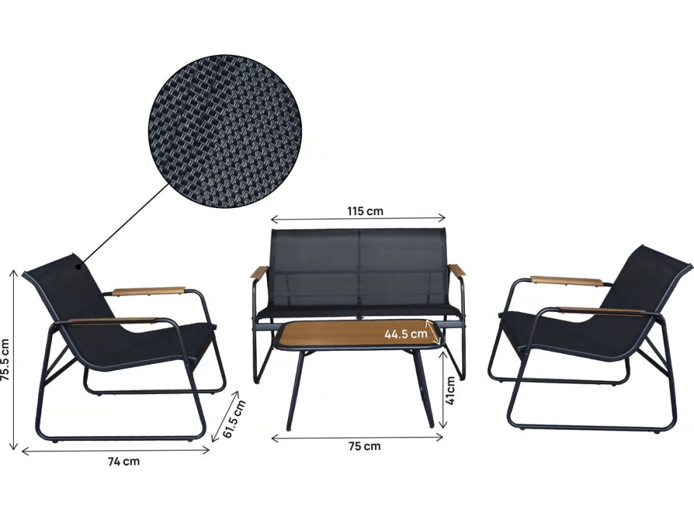 Set di mobili da giardino in metallo "Sparta" con decori in finto legno - 4 posti - Nero