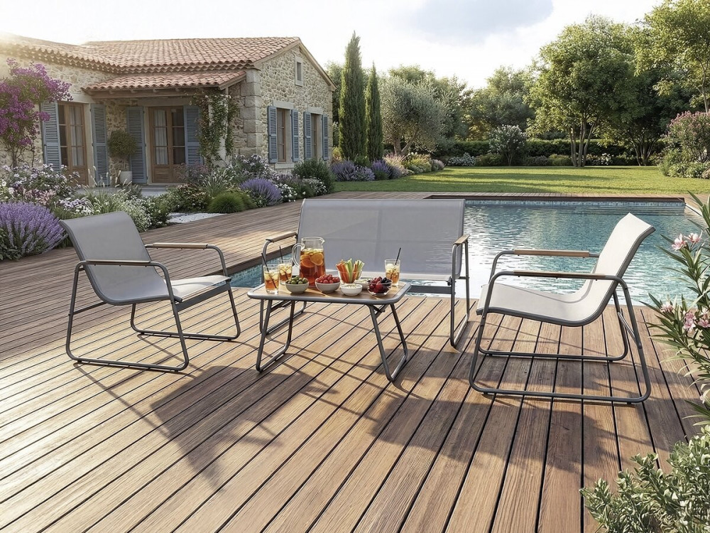 Set di mobili da giardino in metallo "Sparta" con decoro in finto legno - 4 posti - Grigio chiaro