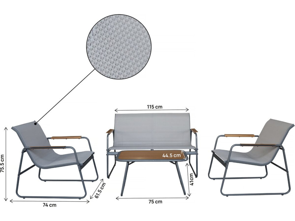 Set di mobili da giardino in metallo "Sparta" con decoro in finto legno - 4 posti - Grigio chiaro