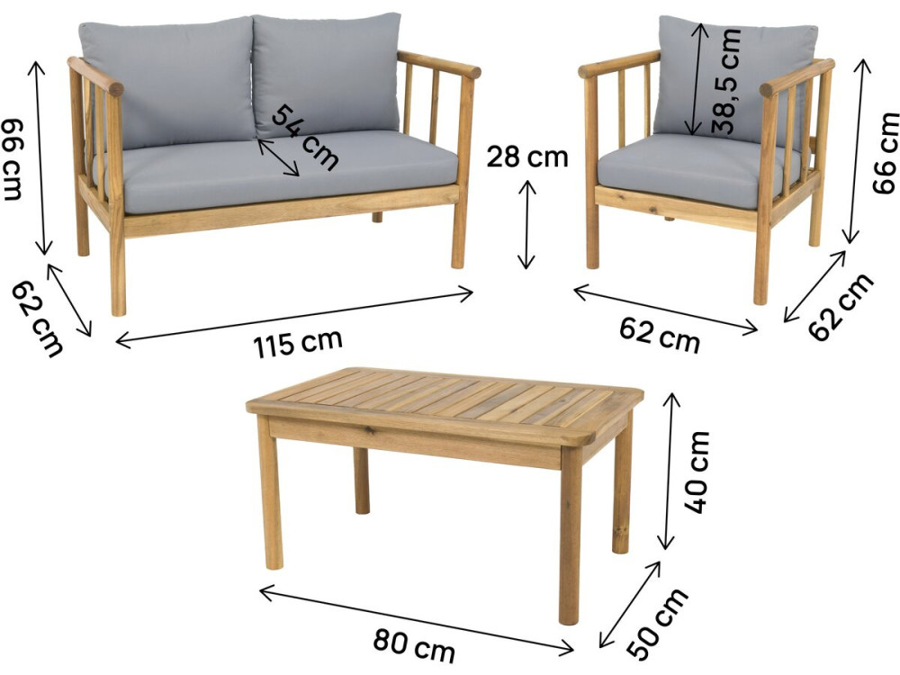 Set di mobili da giardino in legno "Milano" con cuscini - 4 posti - Grigio