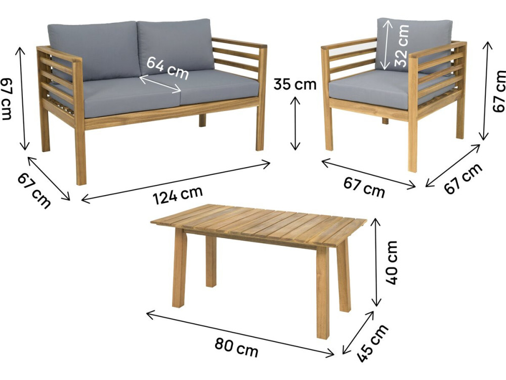 Set di mobili da giardino in legno con cuscini "Beckham" - 4 posti - Grigio
