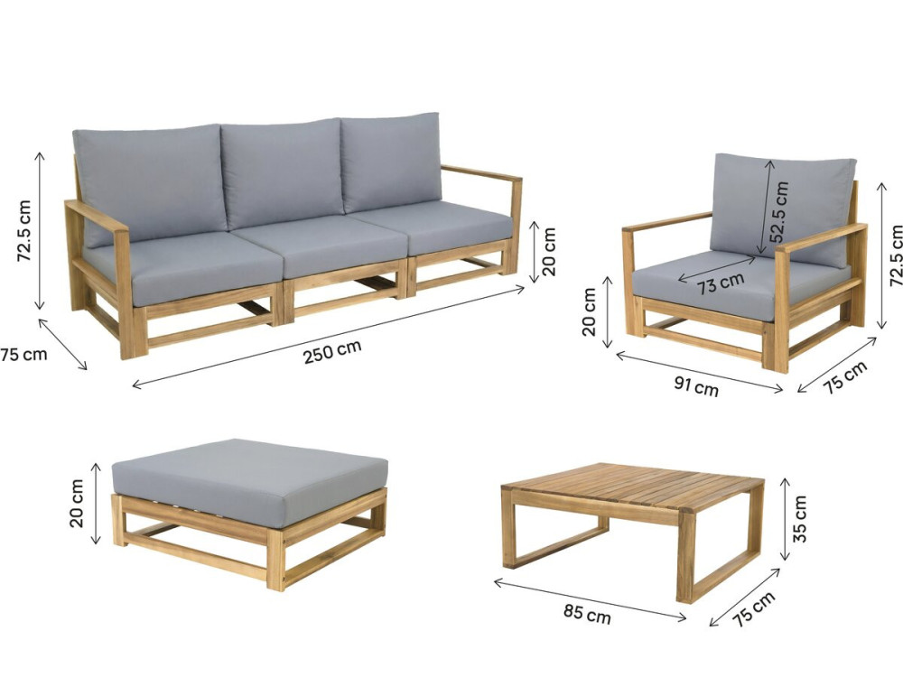Set di mobili da giardino in legno di acacia con cuscini "Bellingham" - 5 posti - Grigio