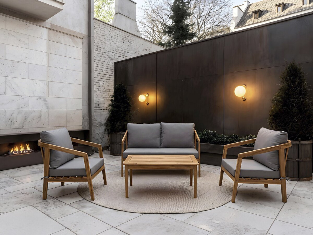 Set di mobili da giardino in legno "Presley" con cuscini - 4 posti - Grigio