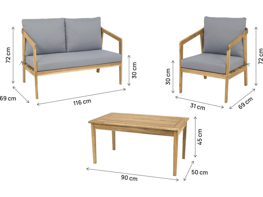 Set di mobili da giardino in legno "Presley" con cuscini - 4 posti - Grigio