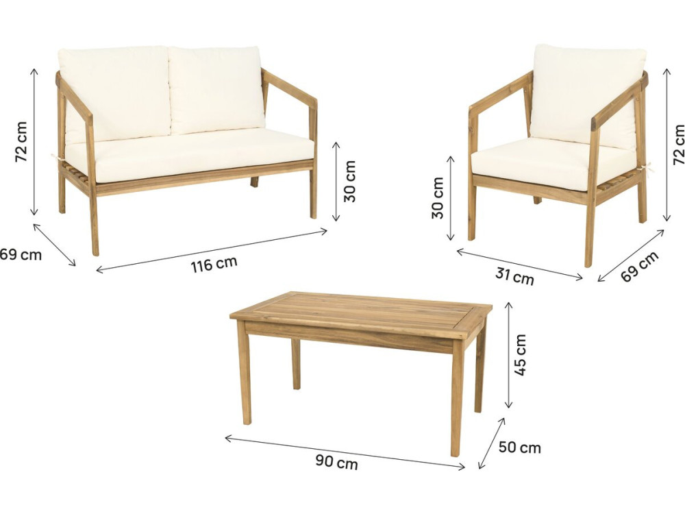 Set di mobili da giardino in legno di acacia con cuscini "Presley" - 4 posti - Beige
