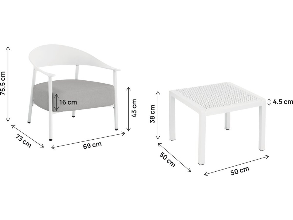 Set di mobili da giardino in metallo e plastica "Céora" - 2 posti - Bianco