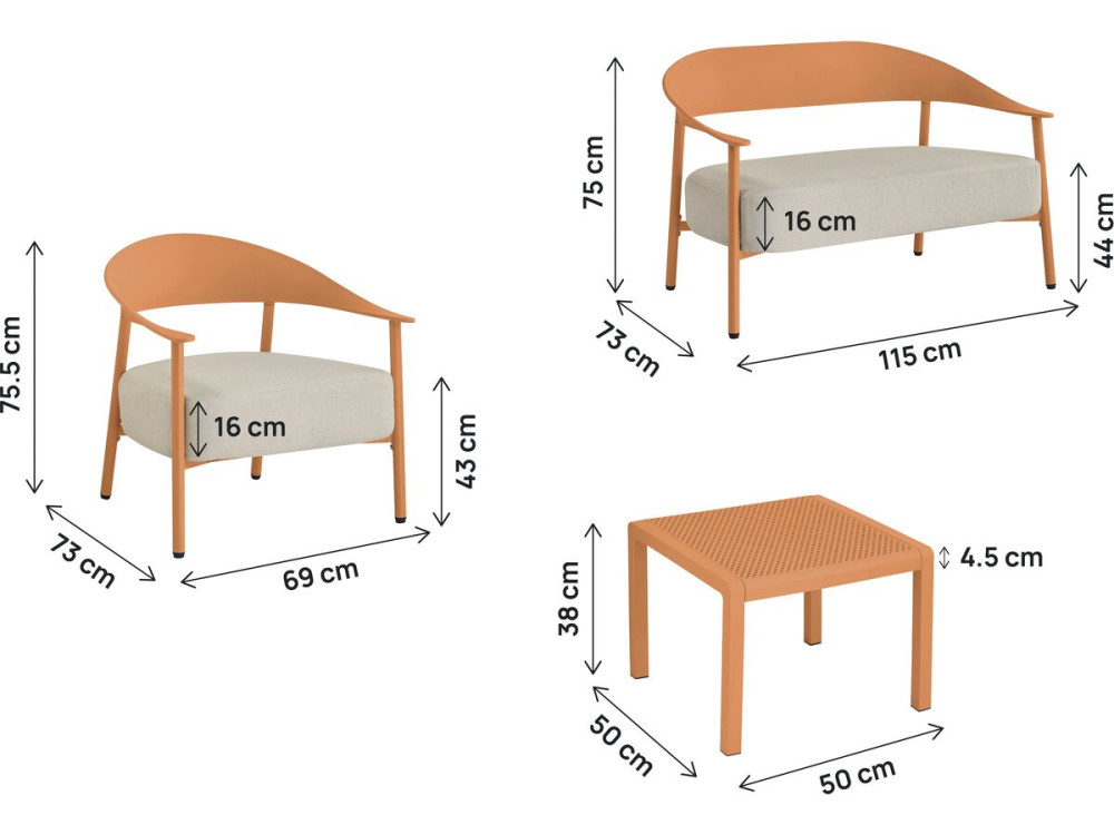 Set di mobili da giardino in metallo e plastica "Céora" - 4 posti - Arancione