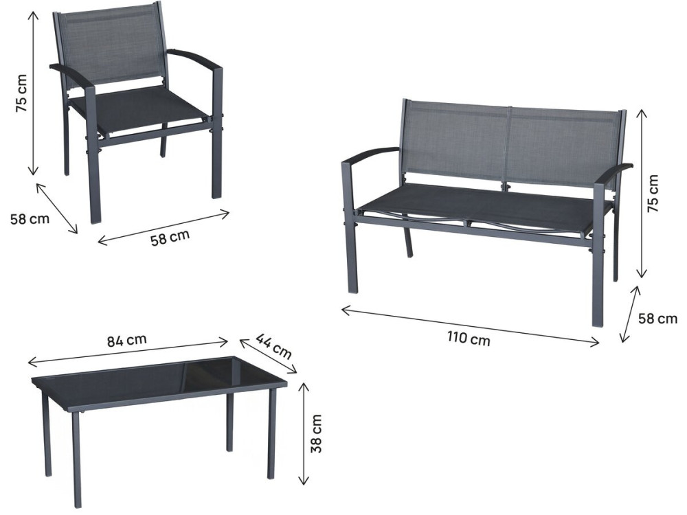 Set di mobili da giardino in metallo "Lino II" - 4 posti - Nero
