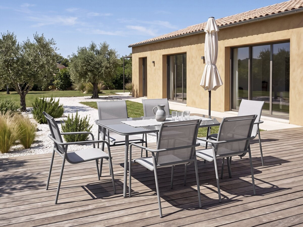 Set da pranzo da giardino in metallo "Malaga" - 7 posti - Grigio